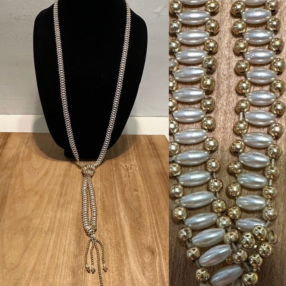 Slip On White Gold Beaded Statement Necklace Y Lariat Knot Long Wedding Tassel